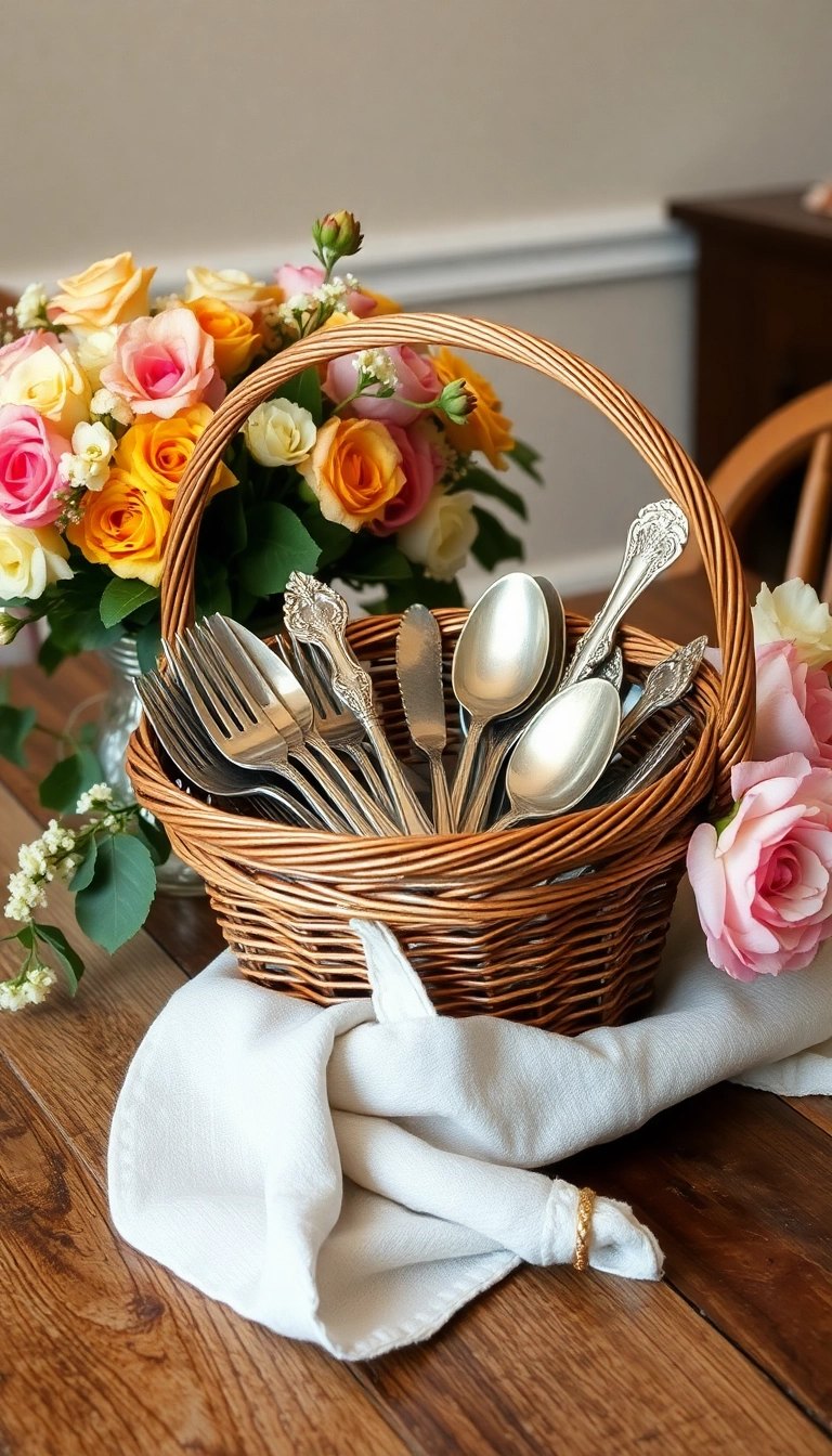 18 Stunning Farmhouse Table Centerpiece Ideas That Will Elevate Your Dining Room (Check Out #3!) - 18. Vintage Silverware Display