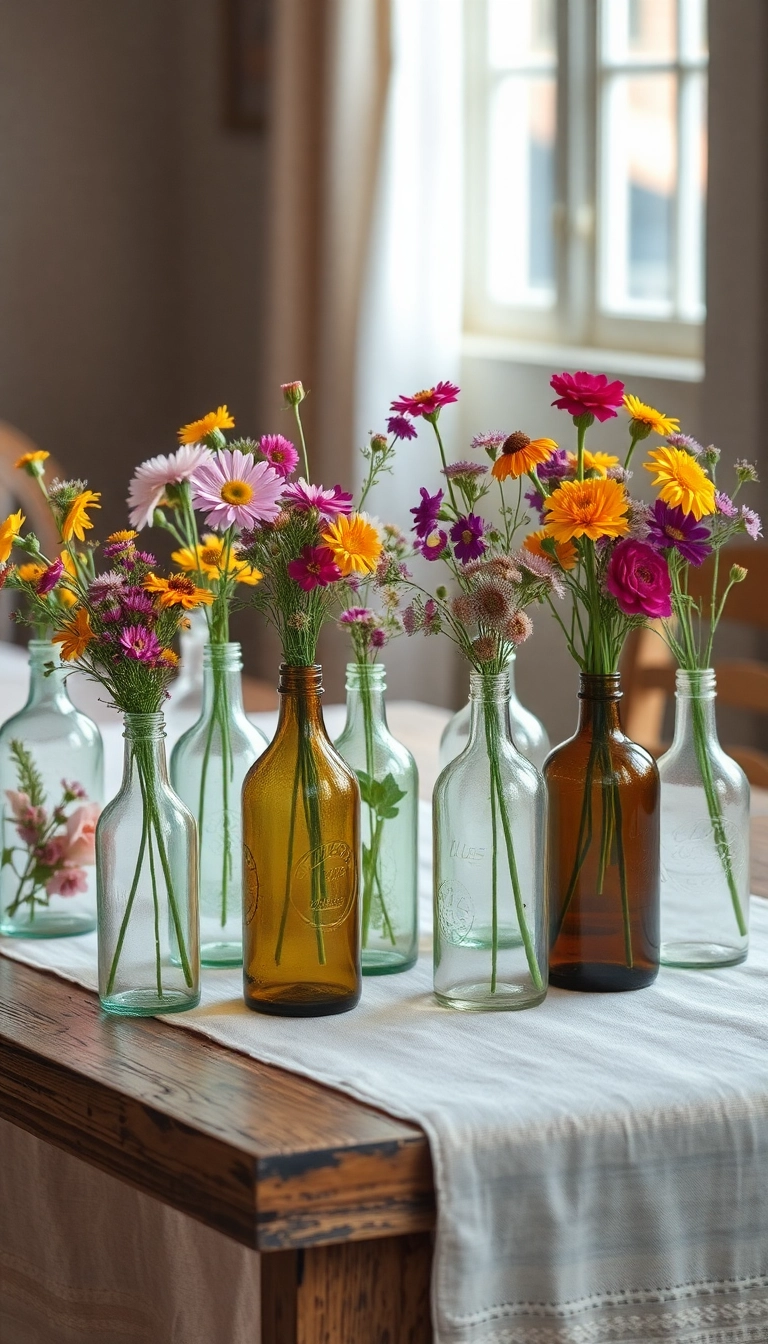 18 Stunning Farmhouse Table Centerpiece Ideas That Will Elevate Your Dining Room (Check Out #3!) - 2. Vintage Glass Bottles with Wildflowers