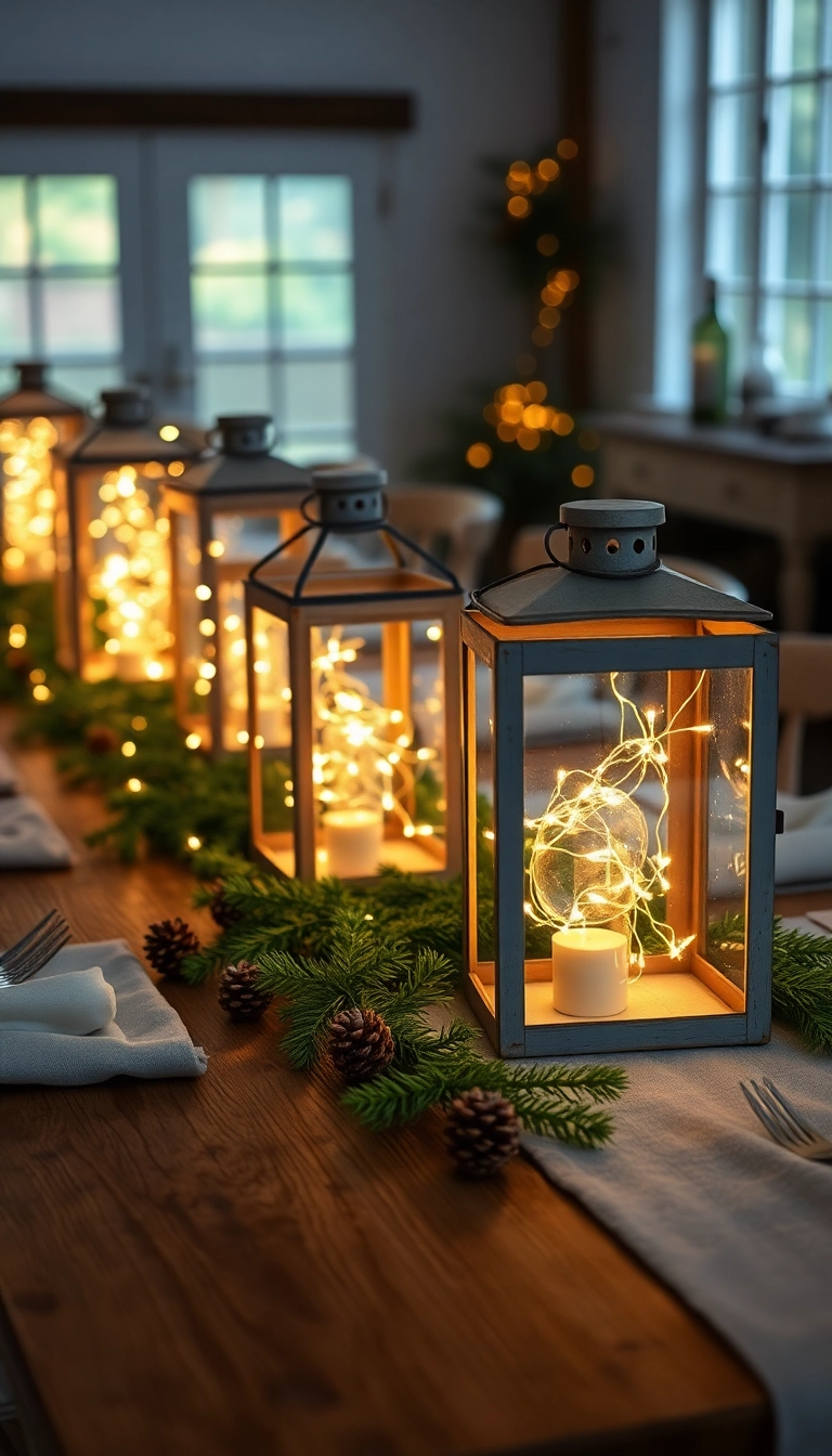 18 Stunning Farmhouse Table Centerpiece Ideas That Will Elevate Your Dining Room (Check Out #3!) - 3. Farmhouse Lanterns with Fairy Lights