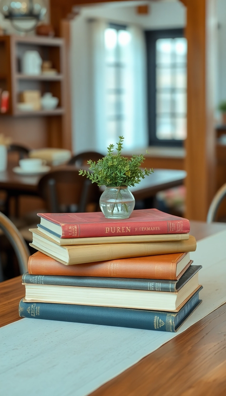 18 Stunning Farmhouse Table Centerpiece Ideas That Will Elevate Your Dining Room (Check Out #3!) - 7. Vintage Books Stacked with Greenery