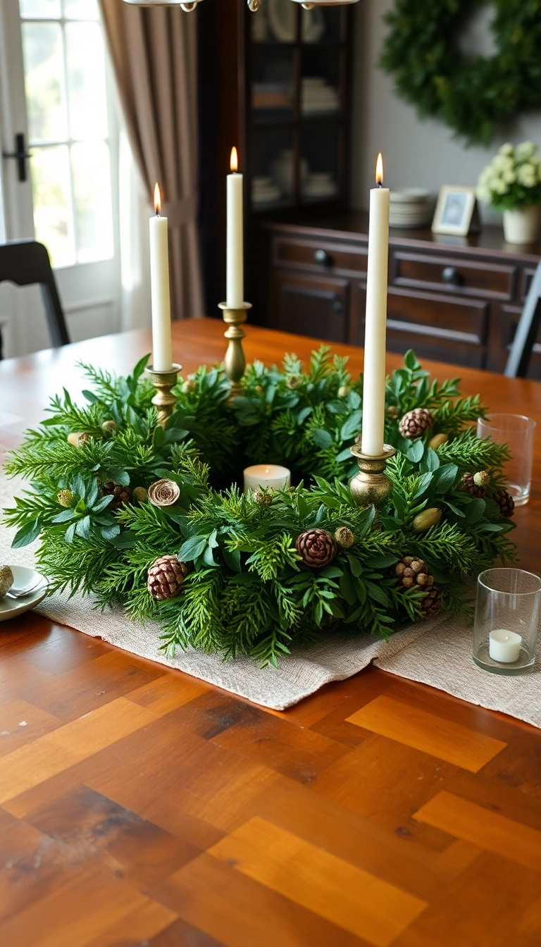 18 Stunning Farmhouse Table Centerpiece Ideas That Will Elevate Your Dining Room (Check Out #3!) - 9. Seasonal Wreaths as Table Runners