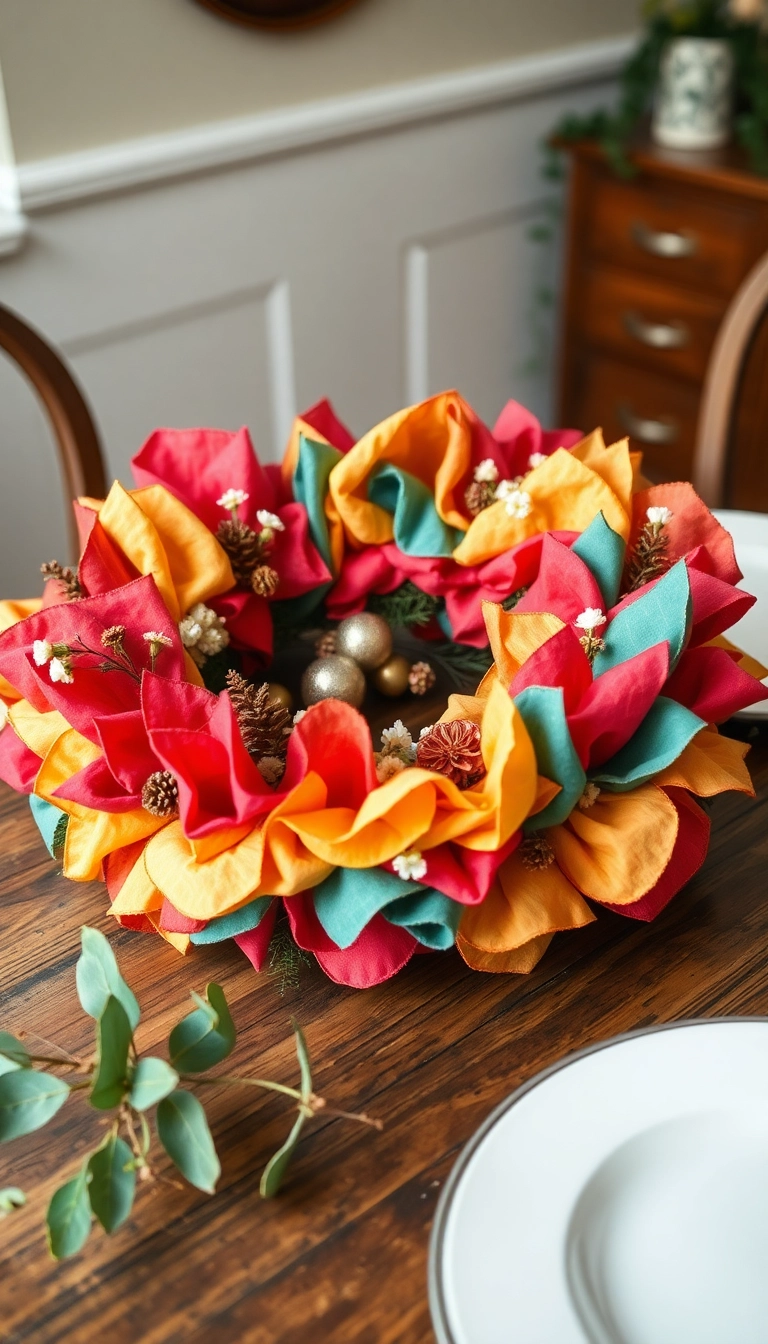 19 DIY Farmhouse Table Centerpiece Ideas That Are Surprisingly Simple! - 13. Fabric Wreath Centerpiece