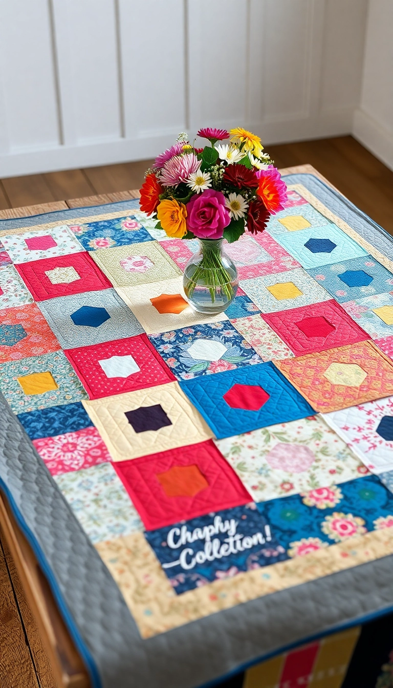 19 DIY Farmhouse Table Centerpiece Ideas That Are Surprisingly Simple! - 14. Colorful Quilt Centerpiece