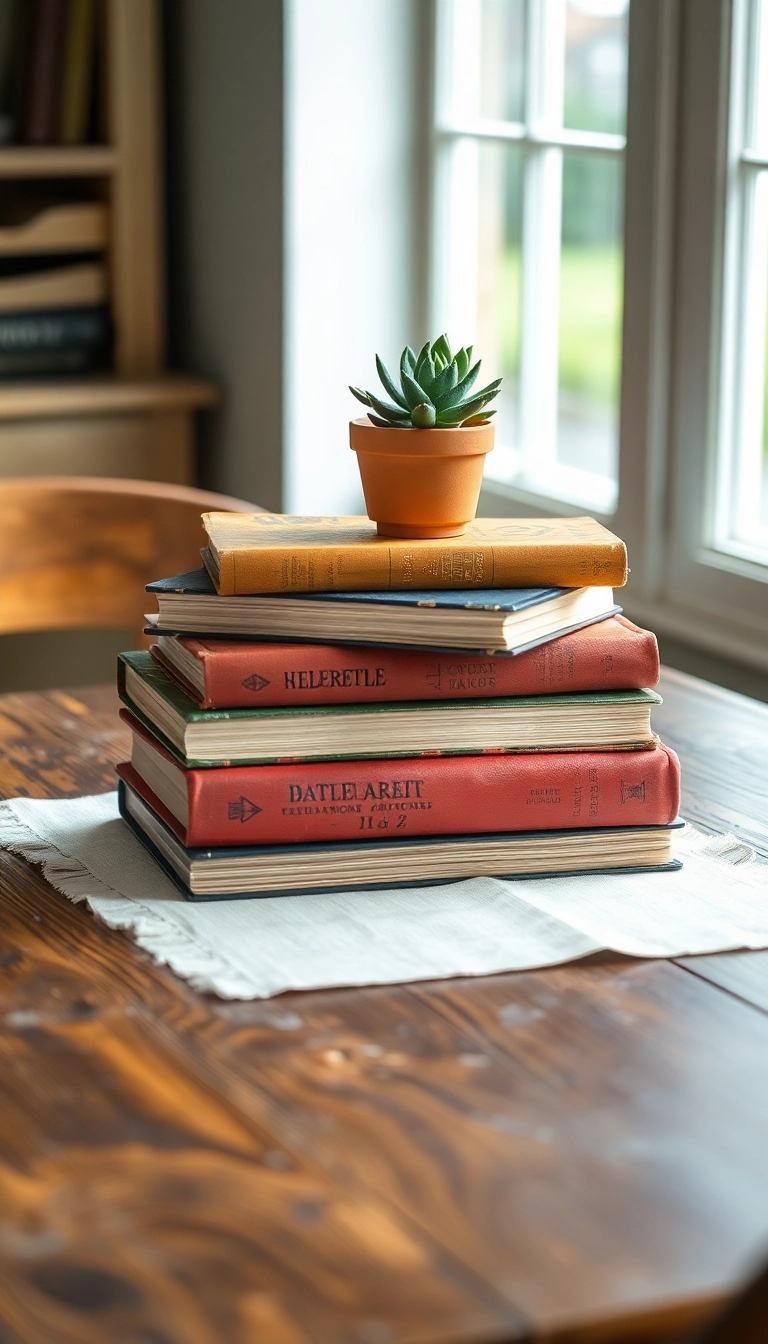 19 DIY Farmhouse Table Centerpiece Ideas That Are Surprisingly Simple! - 3. Vintage Books Stacks