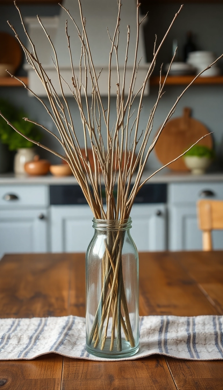 19 DIY Farmhouse Table Centerpiece Ideas That Are Surprisingly Simple! - 4. Simple Glass Vase with Twigs