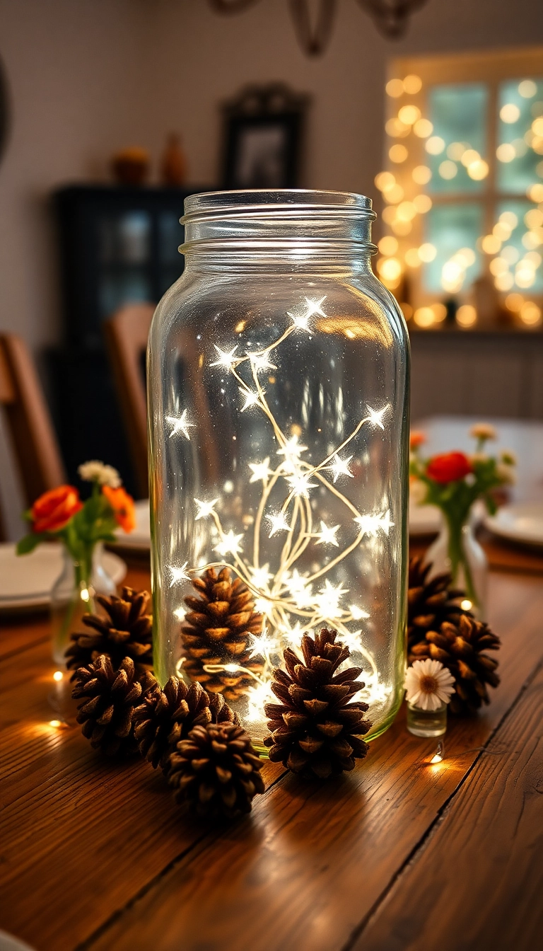 25 Affordable Farmhouse Table Centerpieces That Look Expensive! - 10. Whimsical Fairy Lights in a Jar