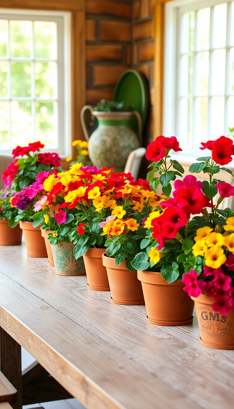 25 Affordable Farmhouse Table Centerpieces That Look Expensive! - 11. Colorful Potted Flowers