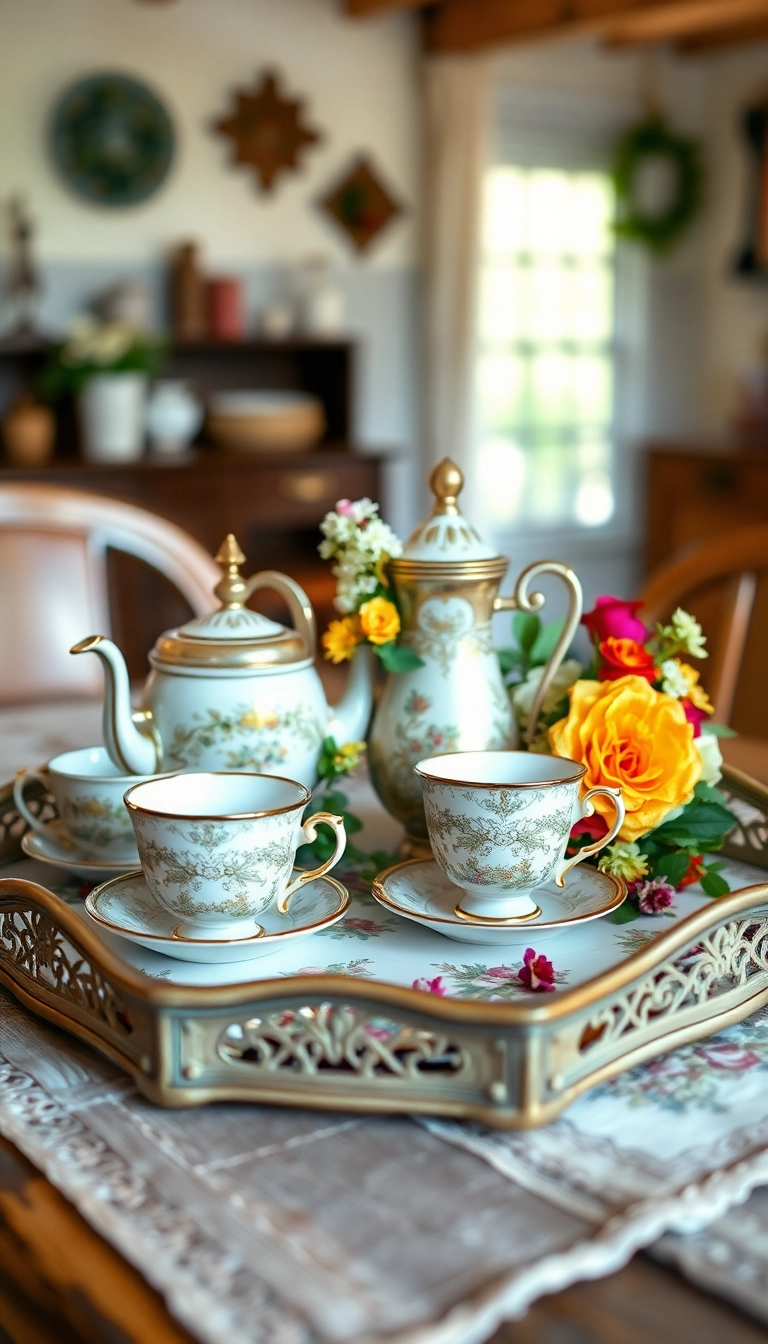 25 Affordable Farmhouse Table Centerpieces That Look Expensive! - 12. Vintage Tea Set Display