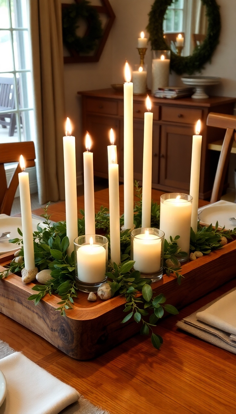 25 Affordable Farmhouse Table Centerpieces That Look Expensive! - 2. Elegant Candles on a Wooden Tray