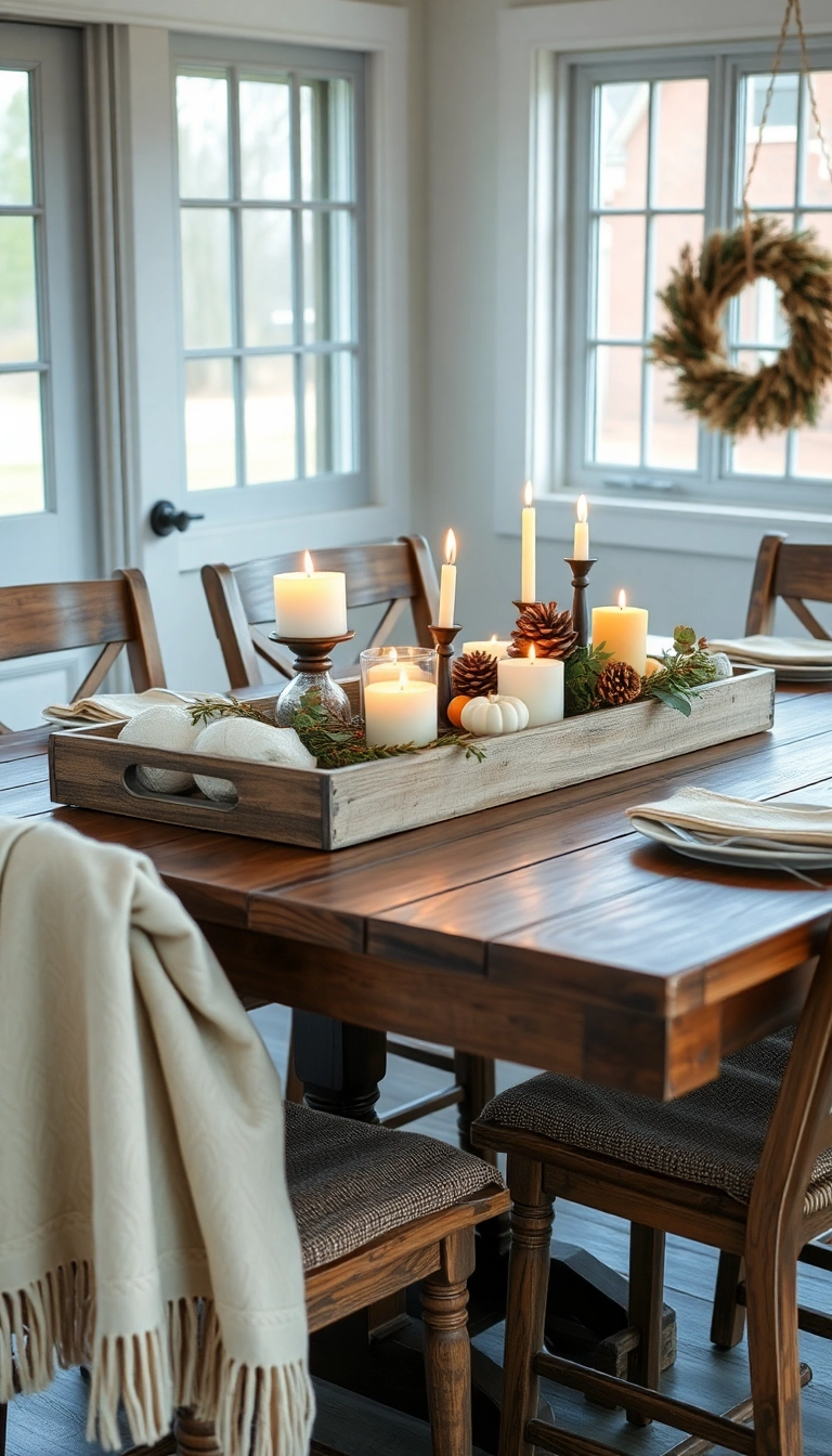 25 Affordable Farmhouse Table Centerpieces That Look Expensive! - 21. Cozy Blanket and Tray Display