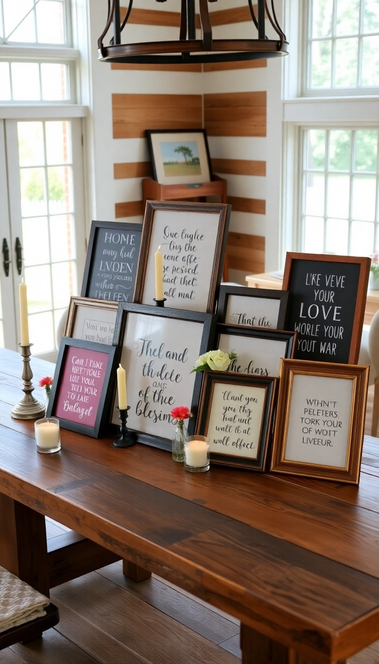 25 Affordable Farmhouse Table Centerpieces That Look Expensive! - 5. Handwritten Quotes in Frames