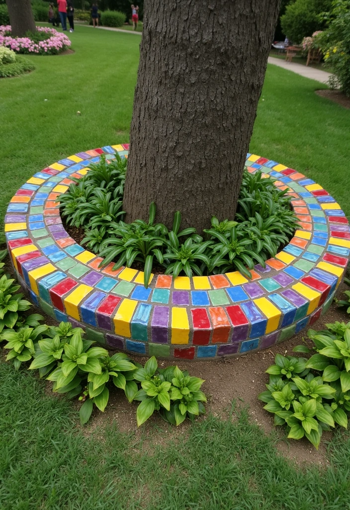 19 Creative Tree Edging Ideas That Will Leave Your Neighbors Speechless! - 7. Colorful Ceramic Tiles