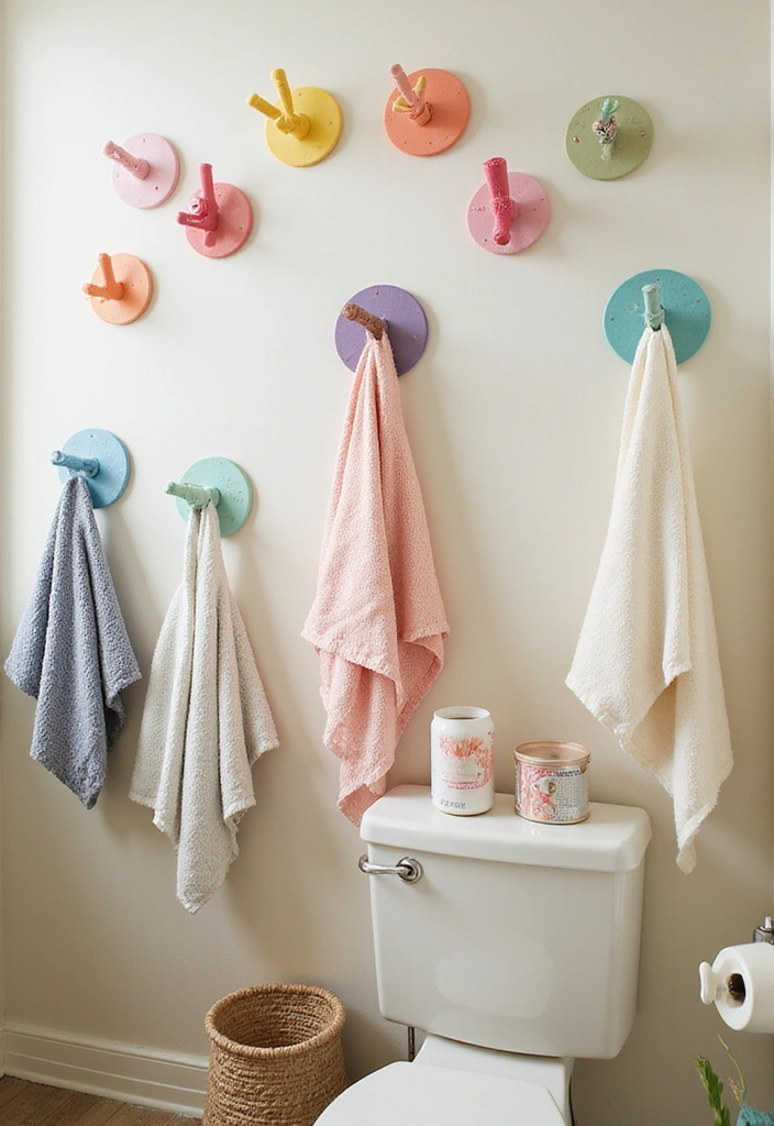 14 Decorative Bathroom Storage Ideas That'll Elevate Your Aesthetic! - 10. Colorful Hooks for Accessories