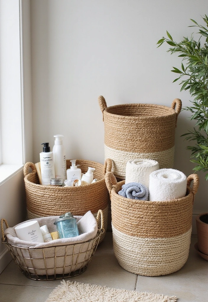 14 Decorative Bathroom Storage Ideas That'll Elevate Your Aesthetic! - 2. Stylish Baskets
