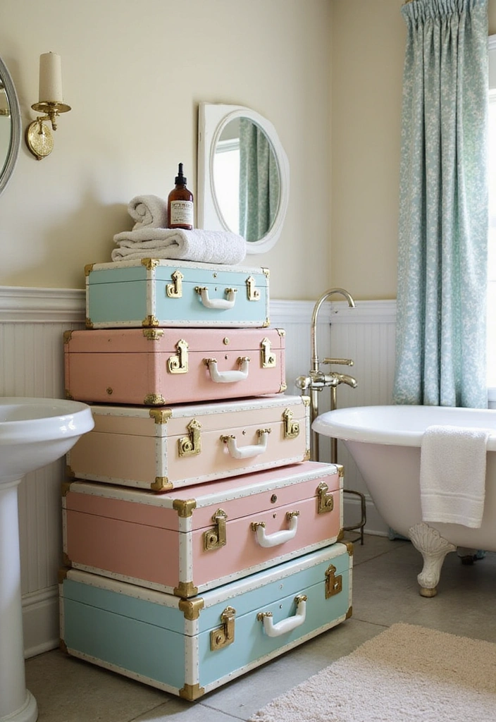 14 Decorative Bathroom Storage Ideas That'll Elevate Your Aesthetic! - 4. Vintage Suitcases