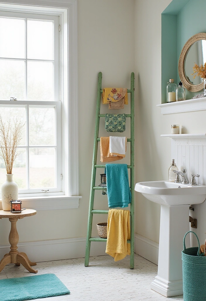 14 Decorative Bathroom Storage Ideas That'll Elevate Your Aesthetic! - 5. Decorative Ladder Storage