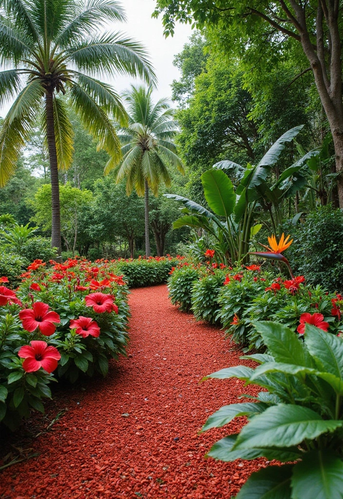 14 Seasonal Red Mulch Landscaping Ideas for Year-Round Beauty! - 12. Tropical Vibe with Red Mulch