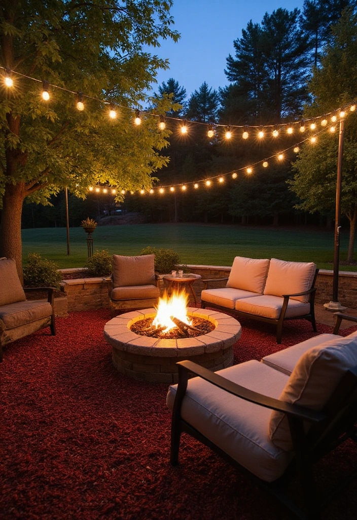 14 Seasonal Red Mulch Landscaping Ideas for Year-Round Beauty! - 14. Cozy Fire Pit Area with Red Mulch