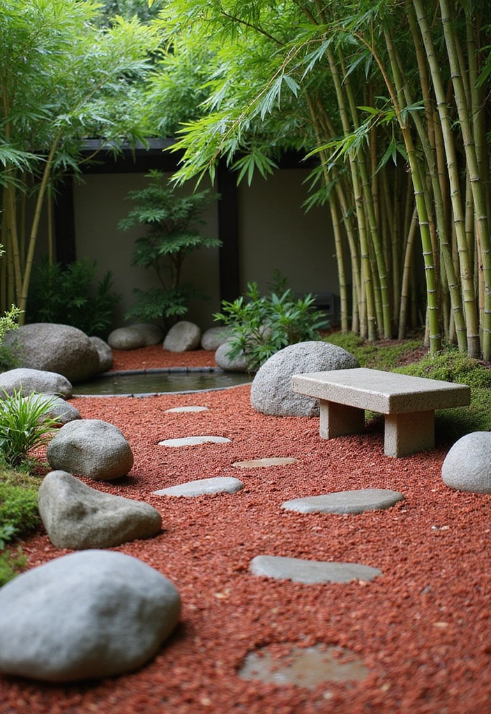 14 Seasonal Red Mulch Landscaping Ideas for Year-Round Beauty! - 3. Zen Garden with Red Mulch