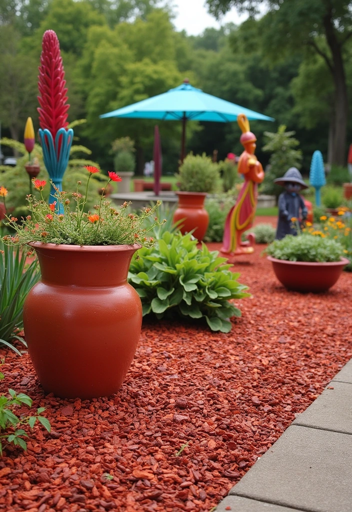 16 Budget-Friendly Red Mulch Landscaping Ideas That Look Luxe (Wait Till You See #10!) - 10. Stunning Outdoor Art with Red Mulch