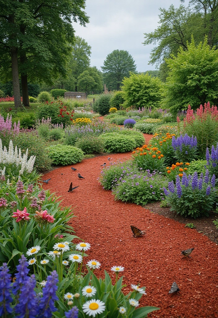 16 Budget-Friendly Red Mulch Landscaping Ideas That Look Luxe (Wait Till You See #10!) - 11. Red Mulch for Wildlife Gardens