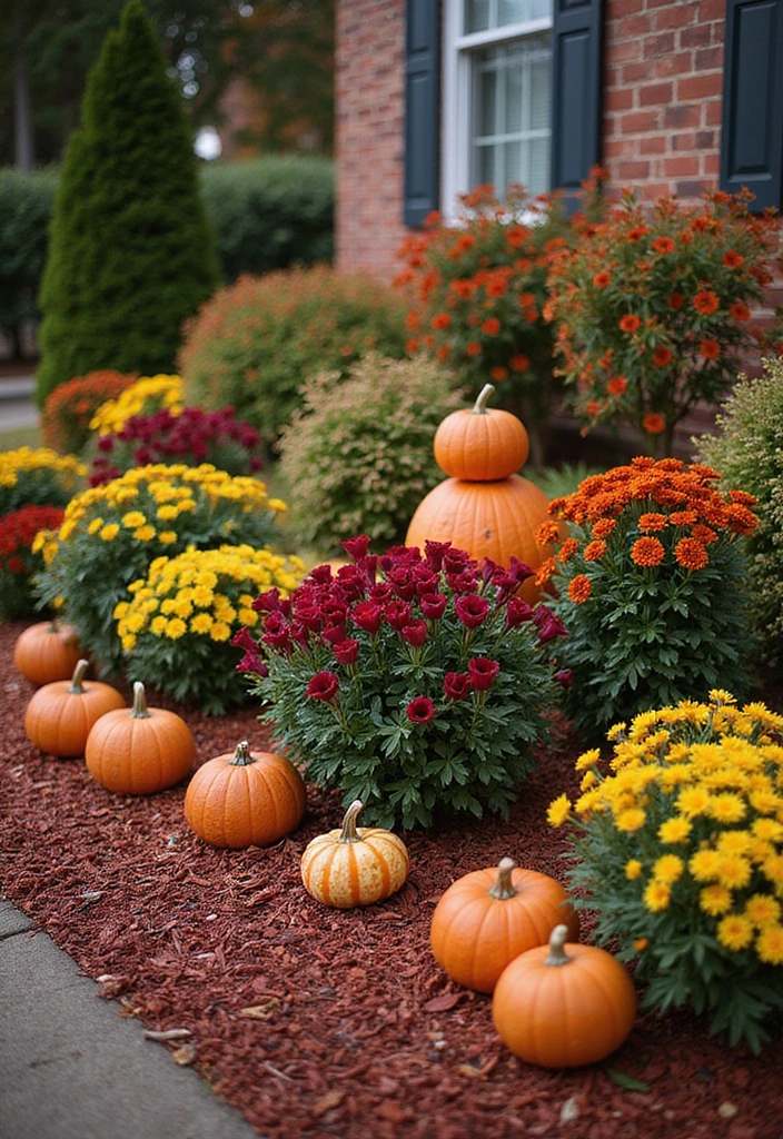 16 Budget-Friendly Red Mulch Landscaping Ideas That Look Luxe (Wait Till You See #10!) - 12. Seasonal Decorations on Red Mulch