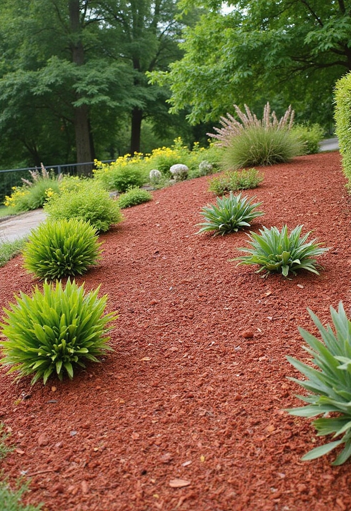 16 Budget-Friendly Red Mulch Landscaping Ideas That Look Luxe (Wait Till You See #10!) - 14. Red Mulch as Ground Cover for Slopes
