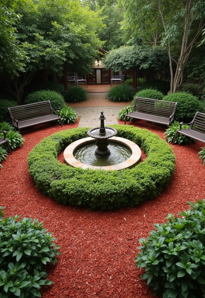 16 Budget-Friendly Red Mulch Landscaping Ideas That Look Luxe (Wait Till You See #10!) - 15. Dramatic Garden Centers with Red Mulch