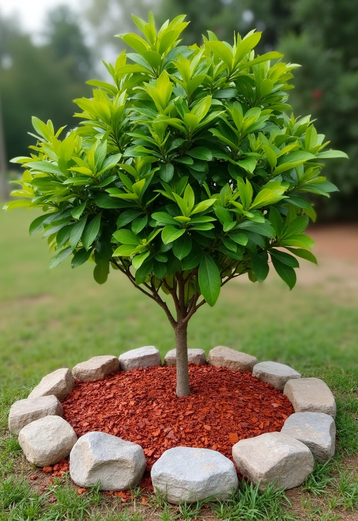 16 Budget-Friendly Red Mulch Landscaping Ideas That Look Luxe (Wait Till You See #10!) - 4. Red Mulch Around Trees and Shrubs
