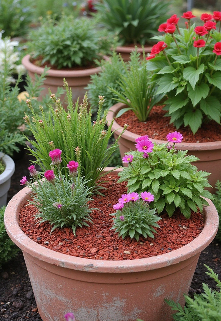 16 Budget-Friendly Red Mulch Landscaping Ideas That Look Luxe (Wait Till You See #10!) - 5. Artistic Container Gardens with Red Mulch