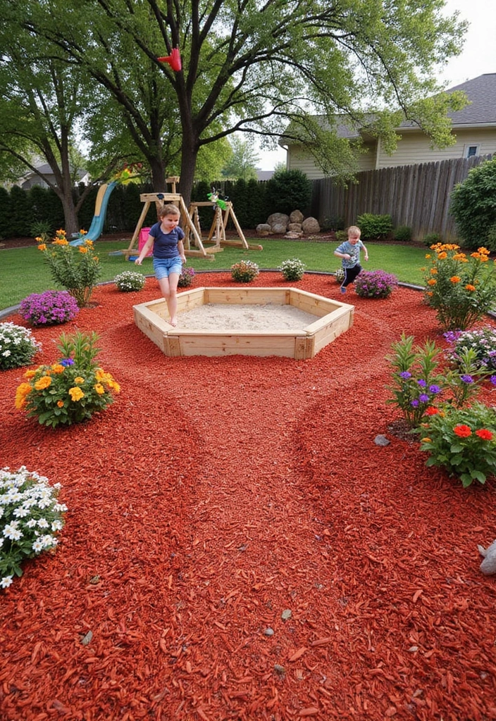 16 Budget-Friendly Red Mulch Landscaping Ideas That Look Luxe (Wait Till You See #10!) - 7. Red Mulch for Play Areas