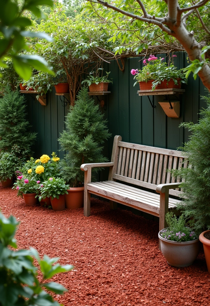 16 Budget-Friendly Red Mulch Landscaping Ideas That Look Luxe (Wait Till You See #10!) - 8. Rustic Red Mulch Seating Areas