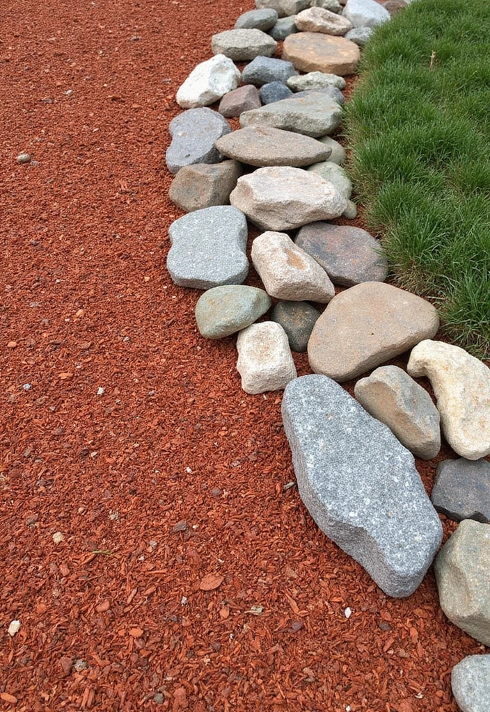 16 Budget-Friendly Red Mulch Landscaping Ideas That Look Luxe (Wait Till You See #10!) - 9. Red Mulch and Stone Combination