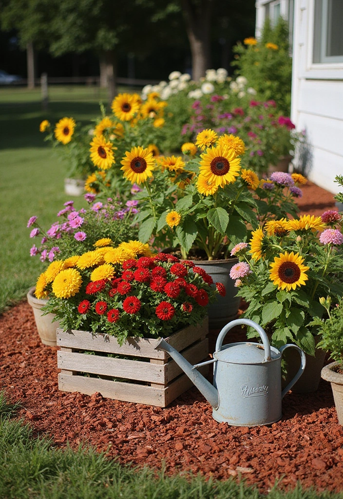 20 Gorgeous Flower Bed Ideas with Red Mulch That Will Wow Your Neighbors! - 14. Rustic Farmhouse Vibes