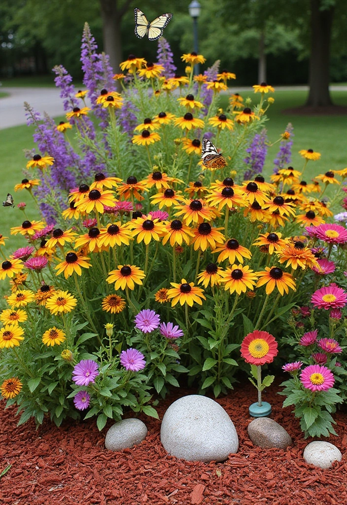 20 Gorgeous Flower Bed Ideas with Red Mulch That Will Wow Your Neighbors! - 2. Colorful Perennial Paradise