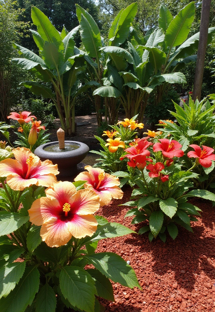 20 Gorgeous Flower Bed Ideas with Red Mulch That Will Wow Your Neighbors! - 3. Tropical Blooms with a Twist