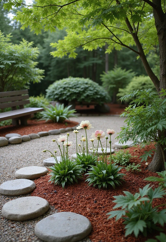 20 Gorgeous Flower Bed Ideas with Red Mulch That Will Wow Your Neighbors! - 4. Zen Garden Serenity