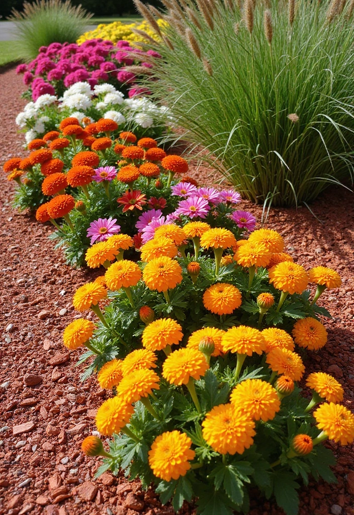 20 Gorgeous Flower Bed Ideas with Red Mulch That Will Wow Your Neighbors! - 6. Bold and Bright Annuals