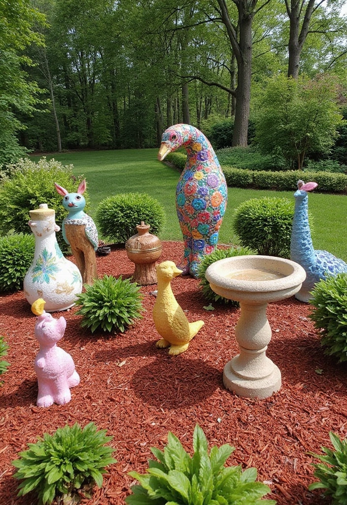 30 DIY Red Mulch Ideas to Elevate Your Landscape (You Can Do #22 This Weekend!) - 8. Garden Art Displays
