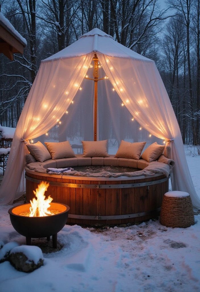 10 Winter Hot Tub Patio Ideas That Will Keep You Warm and Festive All Season Long! - 1. Cozy Canopy Retreat