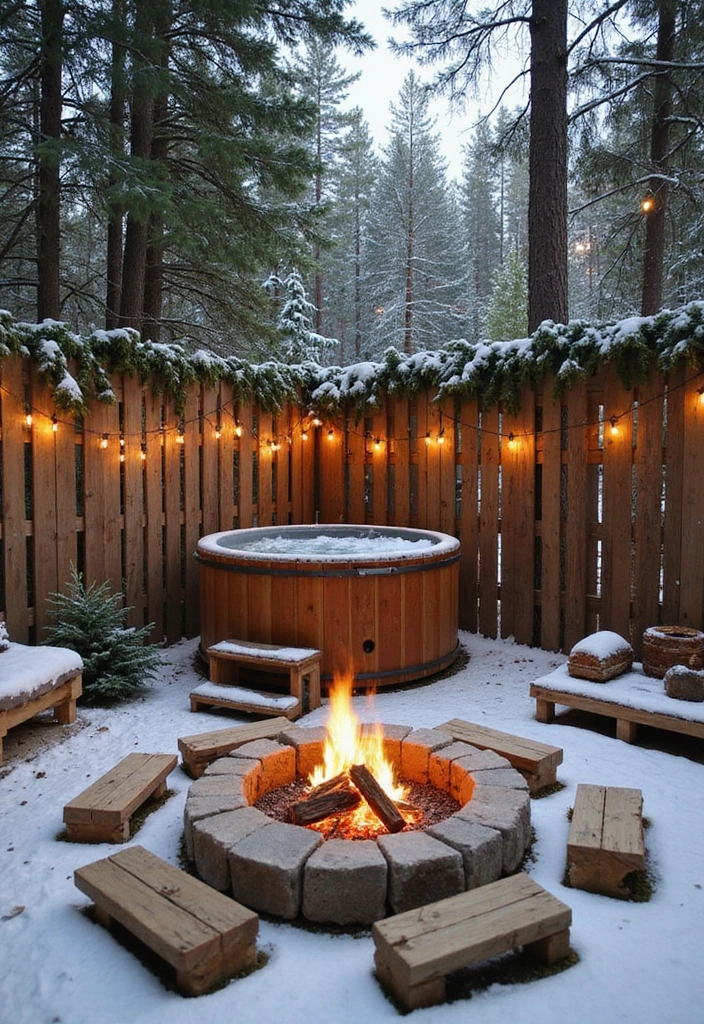 10 Winter Hot Tub Patio Ideas That Will Keep You Warm and Festive All Season Long! - 2. Rustic Winter Wonderland