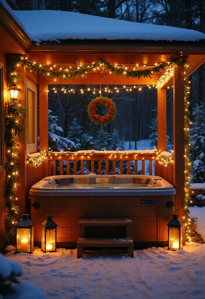 10 Winter Hot Tub Patio Ideas That Will Keep You Warm and Festive All Season Long! - 3. Festive Lighting Extravaganza
