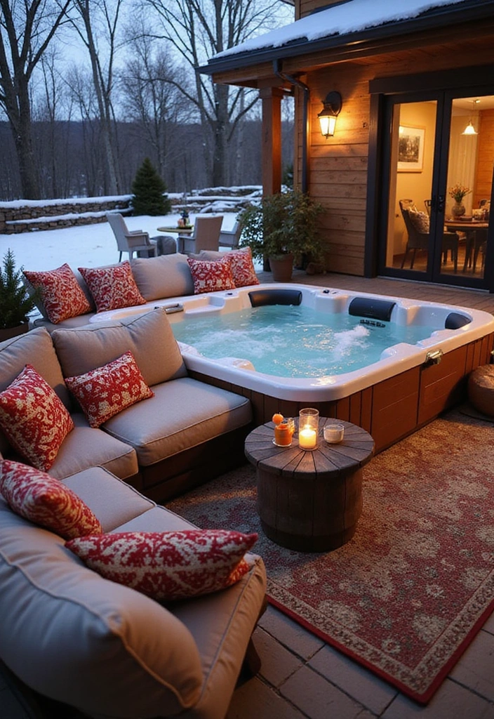 10 Winter Hot Tub Patio Ideas That Will Keep You Warm and Festive All Season Long! - 4. Plush Outdoor Lounging