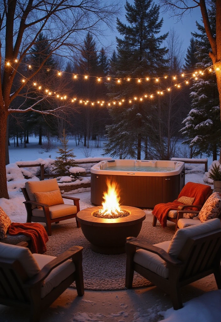 10 Winter Hot Tub Patio Ideas That Will Keep You Warm and Festive All Season Long! - 6. Fire Pit Focal Point