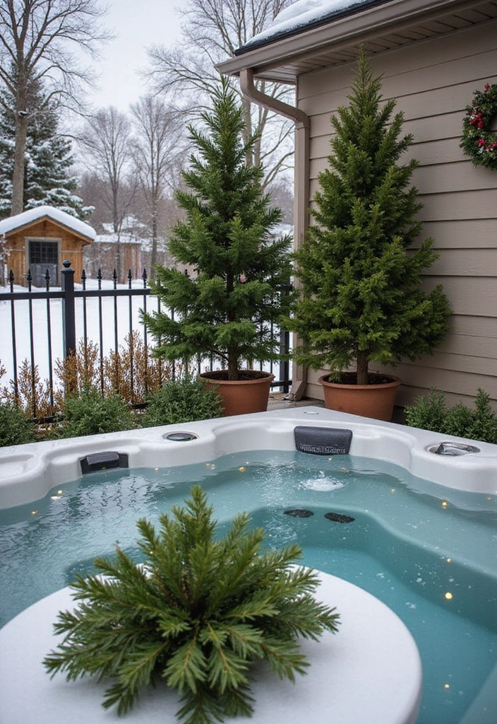 10 Winter Hot Tub Patio Ideas That Will Keep You Warm and Festive All Season Long! - 7. Winter Greenery Accents