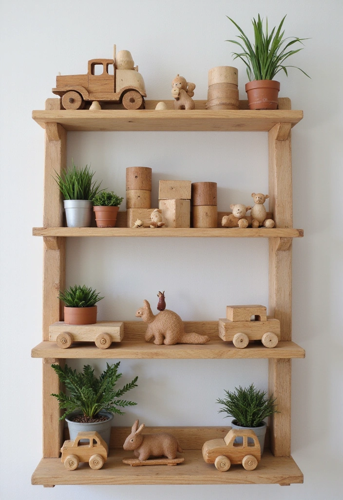 12 Playful Farmhouse Kids' Shelf Decor Ideas to Make Their Room Adorable! - 1. Rustic Wooden Toy Display