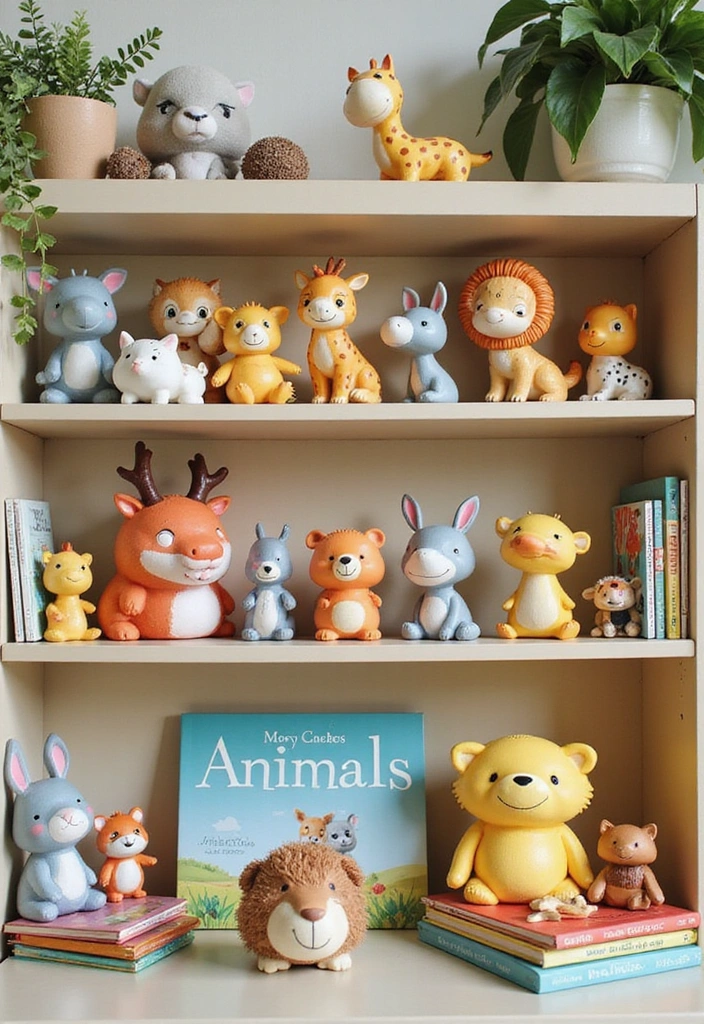 12 Playful Farmhouse Kids' Shelf Decor Ideas to Make Their Room Adorable! - 2. Adorable Animal Figurines