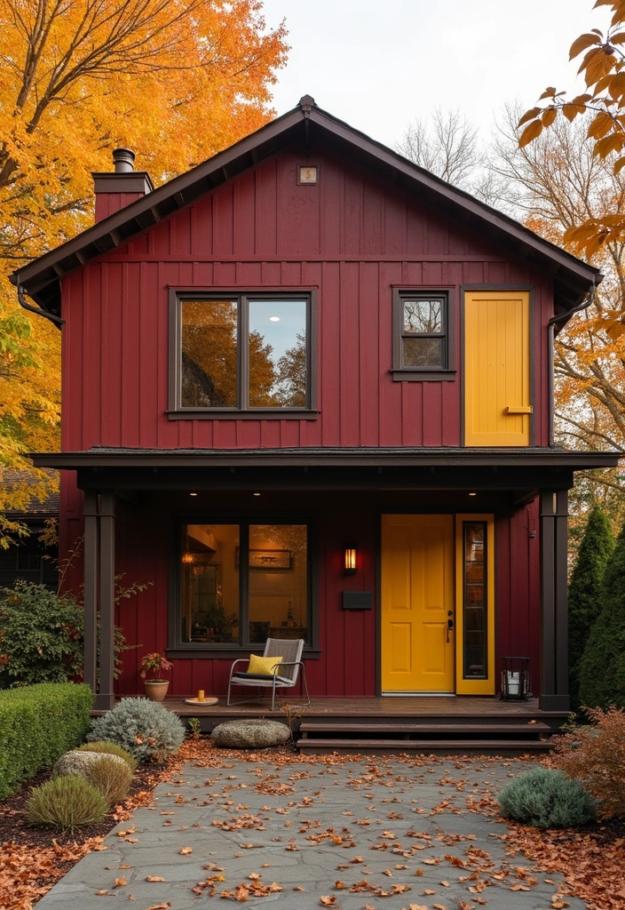 13 Fall Color Schemes for Your Home Exterior That Will Turn Heads (Check Out #3!) - 2. Bold Burgundy and Golden Yellow