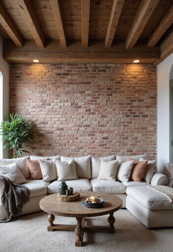 13 Living Room Stone Wall Ideas to Create a Cozy Atmosphere You’ll Love! - 1. Rustic Chic with Exposed Brick