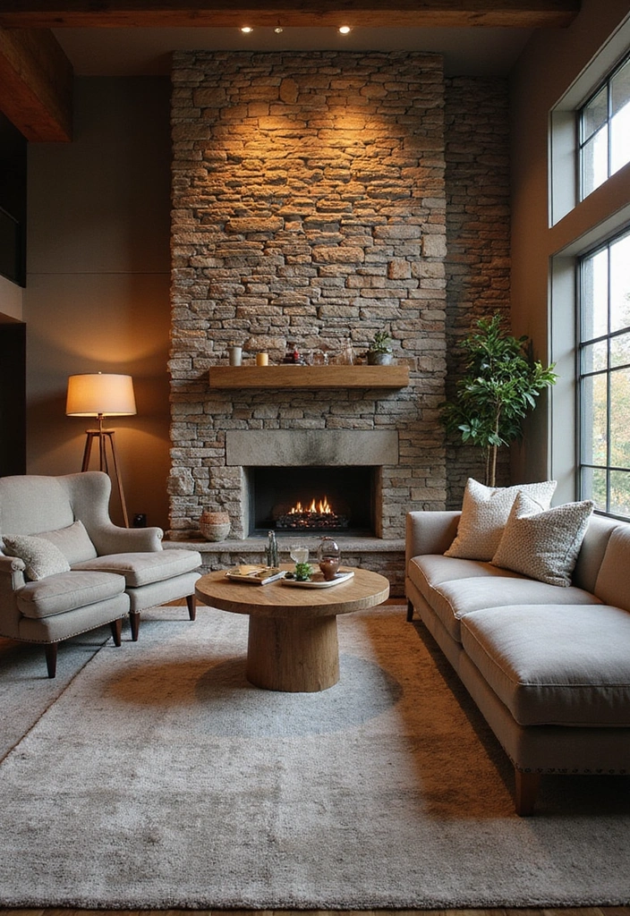 13 Living Room Stone Wall Ideas to Create a Cozy Atmosphere You’ll Love! - 10. Textured Warmth with Stacked Stones